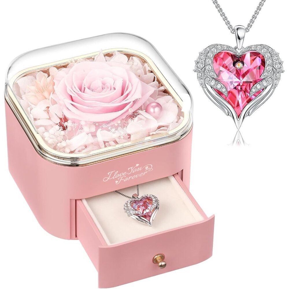 Preserved Real Pink Rose with Angle Wings Necklace, Forever Flowers Gifts for Mo